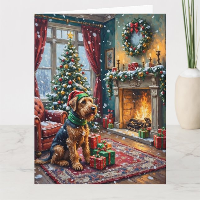 Cartão Airedale Terrier Christmas Victorian Living Room (Frente)