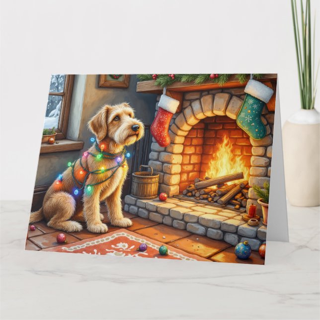 Cartão Airedale Terrier Fireplace Christmas Lights (Frente)