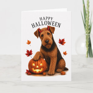Cartão Airedale Terrier Halloween Diabo Cão