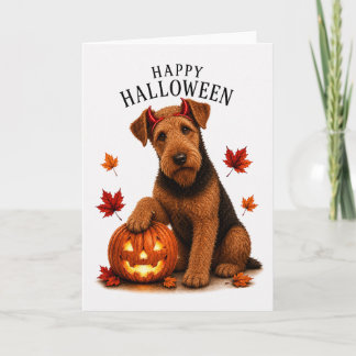 Cartão Airedale Terrier Halloween Diabo Cão