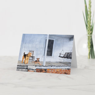 Cartão Airedale Terriers sobre o Veranda