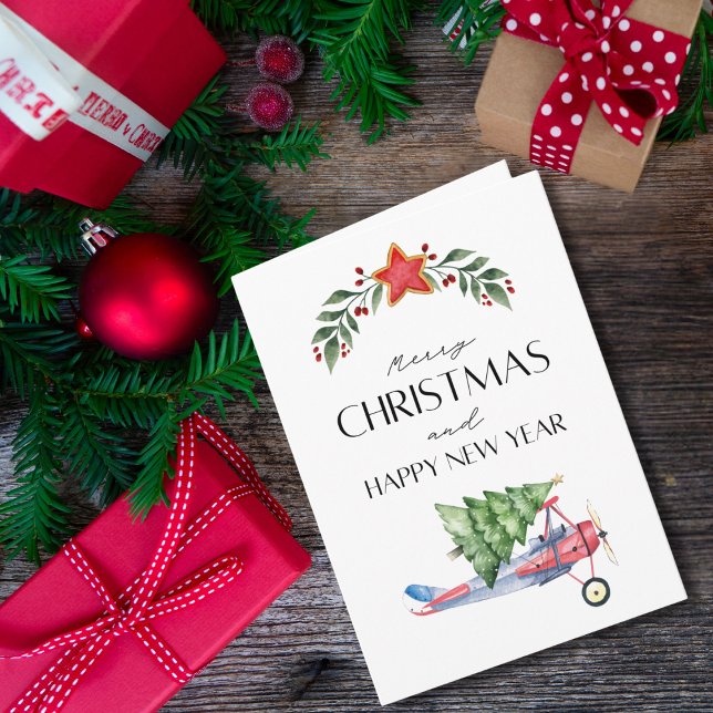 Cartão Airplane carries Christmas Tree Family Photo Funny (Criador carregado)