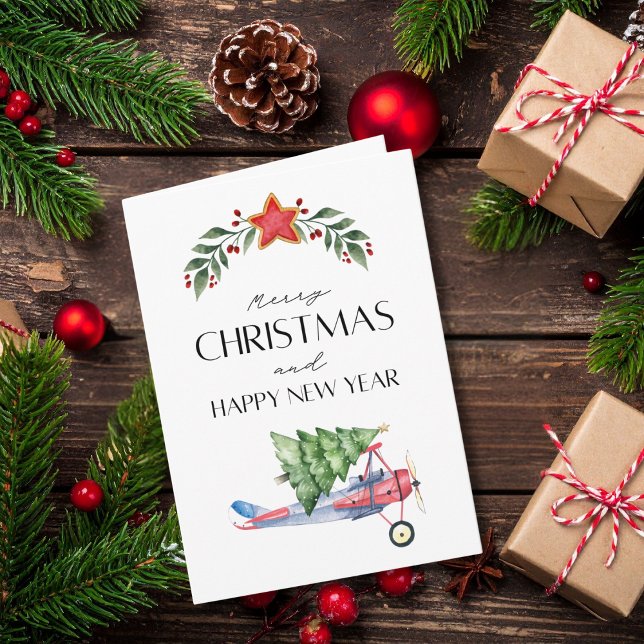 Cartão Airplane carries Christmas Tree Family Photo Funny (Criador carregado)