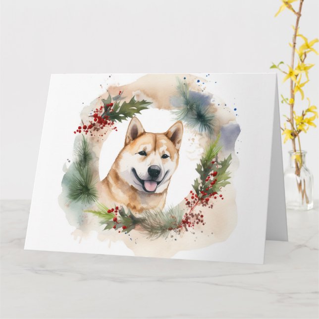 Cartão Akita Christmas Wreath Festivo Pup (Flor Amarela)