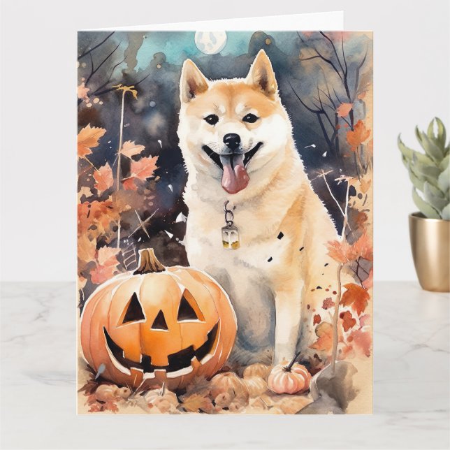 Cartão Akita de Halloween com Abóboras Assustador (Planta pequena)