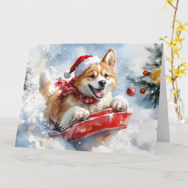 Cartão Akita Dog em Sledge Deixe-o nevar no Natal (Flor Amarela)