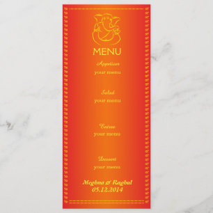Cartão alaranjado do menu do casamento indiano