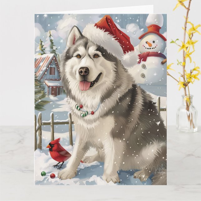 Cartão Alaskan Malamute Dog Winter Wonderland Christmas (Flor Amarela)