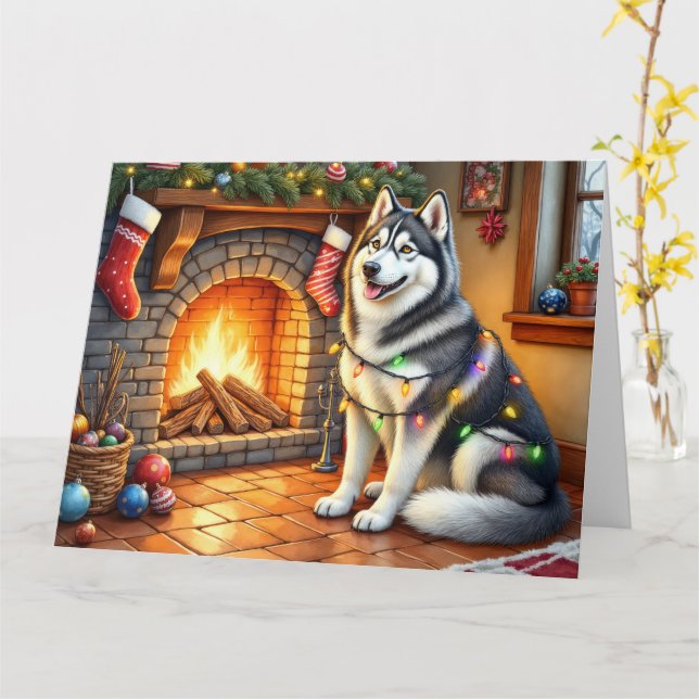 Cartão Alaskan Malamute Fireplace with Christmas Lights (Flor Amarela)