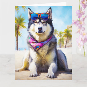Cartão Alaskan Malamute na praia, presente de verão