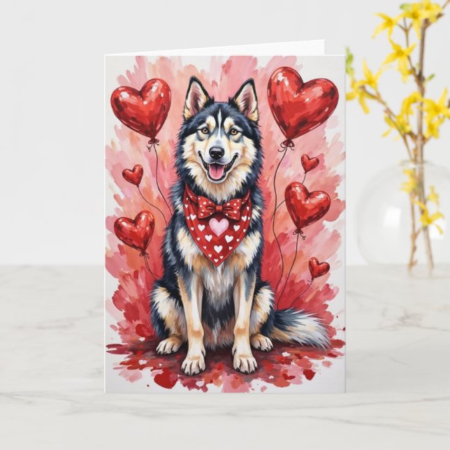 Cartão Alaskan Malamute Valentine’s Day Dog with Hearts (Flor Amarela)