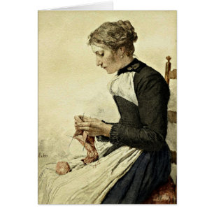 Cartão Albert Anker - Jovem Mulher tricotando