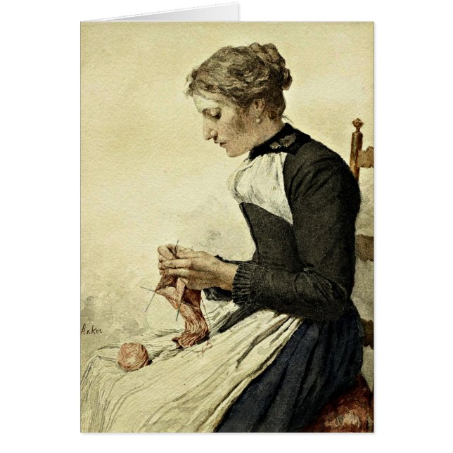 Cartão Albert Anker - Jovem Mulher tricotando (Frente)
