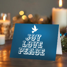 Cartão Alegria amor paz pombo branco árvore de natal azul