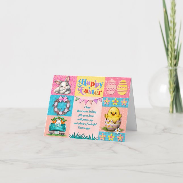Cartão Alegria de felz pascoa com coelho, Pintinho, ovos  (Frente)