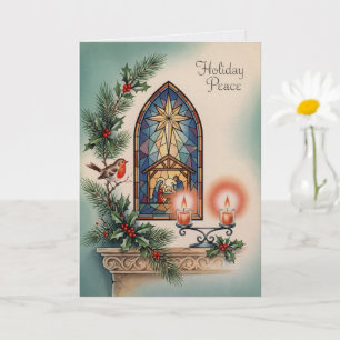 Cartão Alegria Natalina Cristã Janela de Igreja Elegante