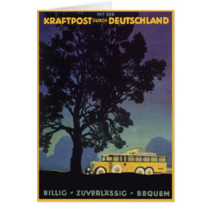 Cartão Alemanha Vintage, Ônibus Amarelo à Noite, Arte de 