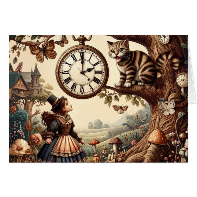Cartão Alice & Cheshire Cat: Whimsical Wonderland Fantasy (Frente Horizontal)
