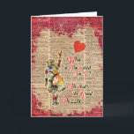 Cartão Alice,Mad Hatter &Rabbit Vintage Collage Quote<br><div class="desc">Vintage Alice in Wonderland „Who In The World Am I... ” quote vintage illustration over a 100 years old English Dictionary book page. This Design will incredible decorate any item you want looks great on apparel, it is making clothes looks unique and vintage. Also looks great on things of everyday...</div>