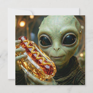 Cartão Alien Divertido Segurando um Cachorro-Quente Cris
