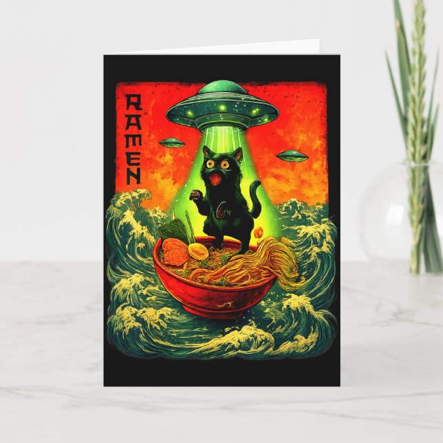 Cartão Alien Ramen Cat Ufo Japanese Retro Art Gifts Men W (Frente)