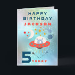Cartão Alien Spaceship Space Teal 5th Birthday<br><div class="desc">Send a 5 year old space fan birthday wishes with this fun design of a spaceship with a cute alien inside with moon and stars on a watercolor background in shades of teal, blue and green. Easily personalise the text to your own requirements.</div>