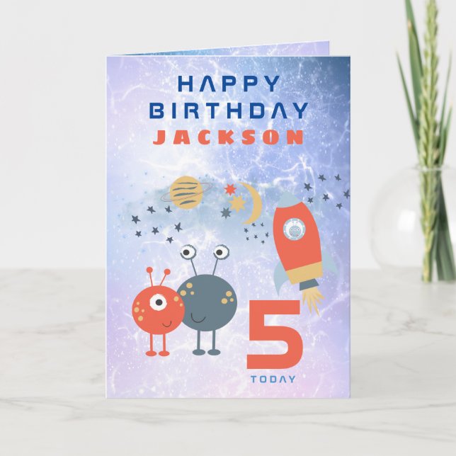 Cartão Aliens - Espaço Lilático Espacial Idade 5 Aniversá (Frente)