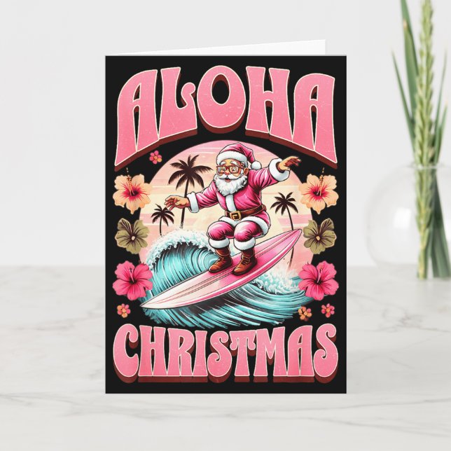 Cartão Aloha Christmas Santa Claus Surfing Hawaiian Mele  (Frente)