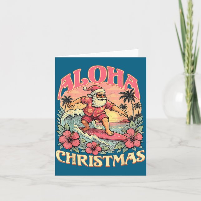 Cartão Aloha Christmas Santa Claus Surfing Hawaiian Mele  (Frente)