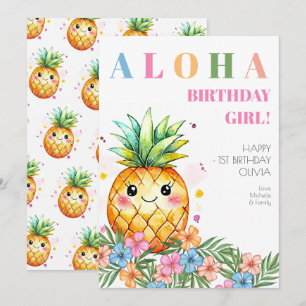 Cartão Aloha Rosa Tropical Abacaxi Feliz 1º Aniversário