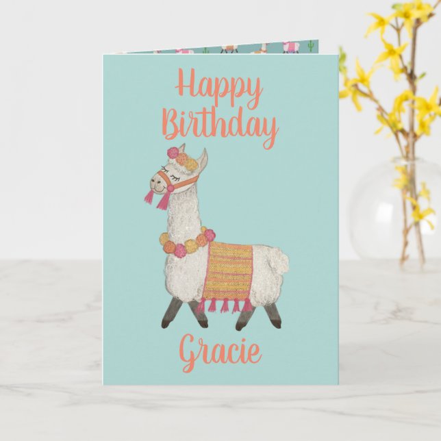 Cartão Alpaca personalized name Birthday Card  (Flor Amarela)