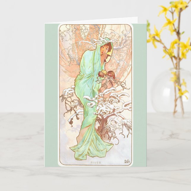 Cartão Alphonse Mucha Winter Vintage Art Nouveau Painting (Flor Amarela)