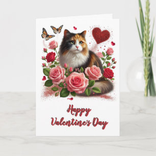 Cartão Ama Rosas Rosa e Gato Tricolor no Dia dos Namorado