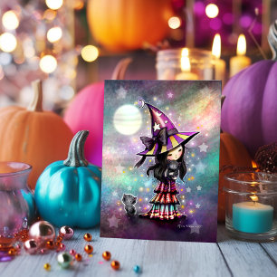 Cartão Amante de Gatos Pequenos Halloween Bruxa e Gatos P