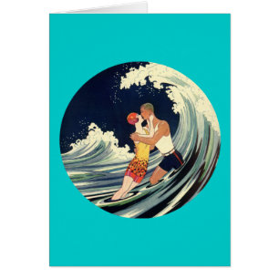 Cartão Amantes do surfista que beijam a ilustração do