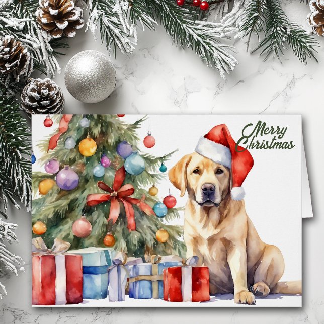 Cartão Amarelo Labrador Retriever de Natal com Chapéu de  (Criador carregado)