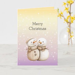 Cartão Amarelo Roxo Branco Bokeh Pontos Boneco de Neve Na