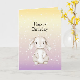 Cartão Amarelo Roxo Branco Pontos Bokeh Coelho Aniversári