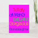 Cartão Amazing Brilliant Gorgeous Granddaughter Birthday<br><div class="desc">To a totally amazing,  brilliant,  gorgeous granddaughter.   A Happy Birthday greetings card with words of praise in red,  blue,  green and yellow text on deep pink.</div>