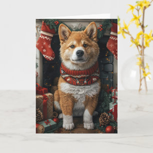 Cartão American Akita com Lareira de presentes de Natal