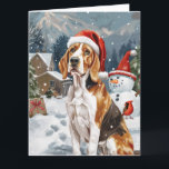 Cartão American English Foxhound Dog Winter Christmas Joy<br><div class="desc">seu design festivo captura o espírito alegre da época de férias, apresentando um adorável filhote vestindo um chapéu de Papai Noel. O gato está aninhado numa terra maravilhosa de inverno, completo com um boneco de neve, uma árvore de Natal decorada, e presentes lindamente envoltos. Os flocos de neve caem suavemente,...</div>
