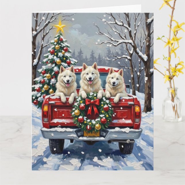 Cartão American Eskimo Dog Christmas Red Truck Holiday (Flor Amarela)