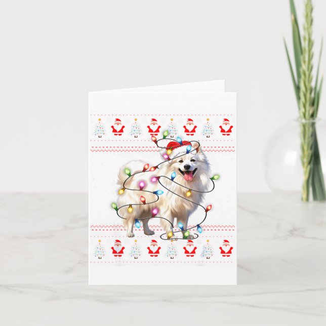 Cartão American Eskimo Dog Xmas Lights Ugly Sweater Chris (Frente)