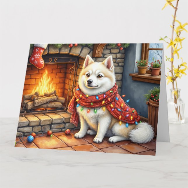Cartão American Eskimo Fireplace with Christmas Lights (Flor Amarela)