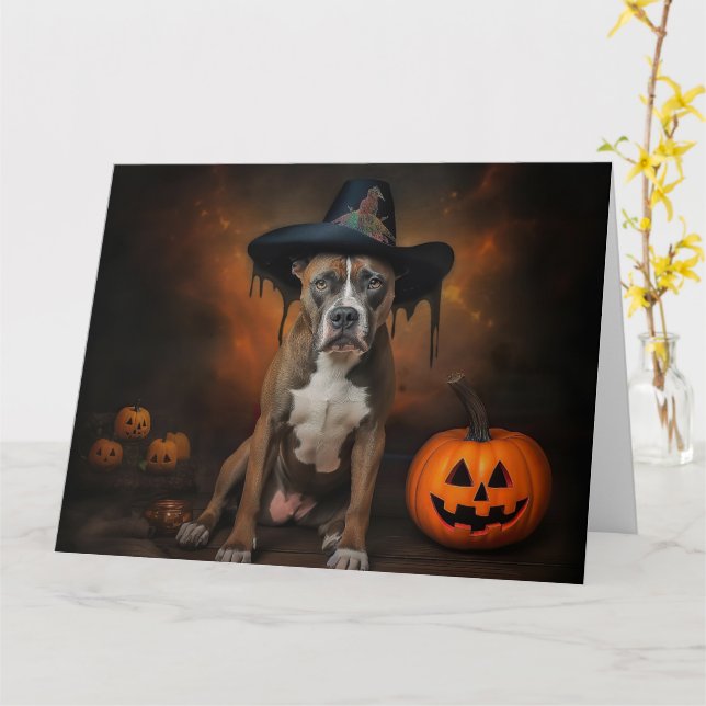 Cartão American Staffordshire Pumpkins Halloween Scary (Flor Amarela)