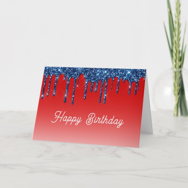 Cartão Americana Red Blue Glitter Drip Birthday (Frente)