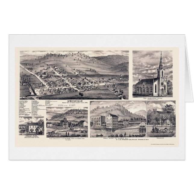 Cartão Amesville, mapa panorâmico do OH - 1875 (Frente Horizontal)