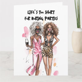 Cartão Amigas meninas negras encaracoladas vestido rosa e