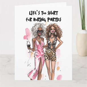 Cartão Amigas meninas negras encaracoladas vestido rosa e