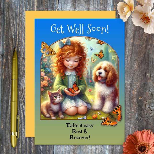 Cartão Amigos Bons De Animais Vão Bem Em Breve (Cute Get Well Soon card featuring a painting of a girl with butterflies, a cute kitty and dog)